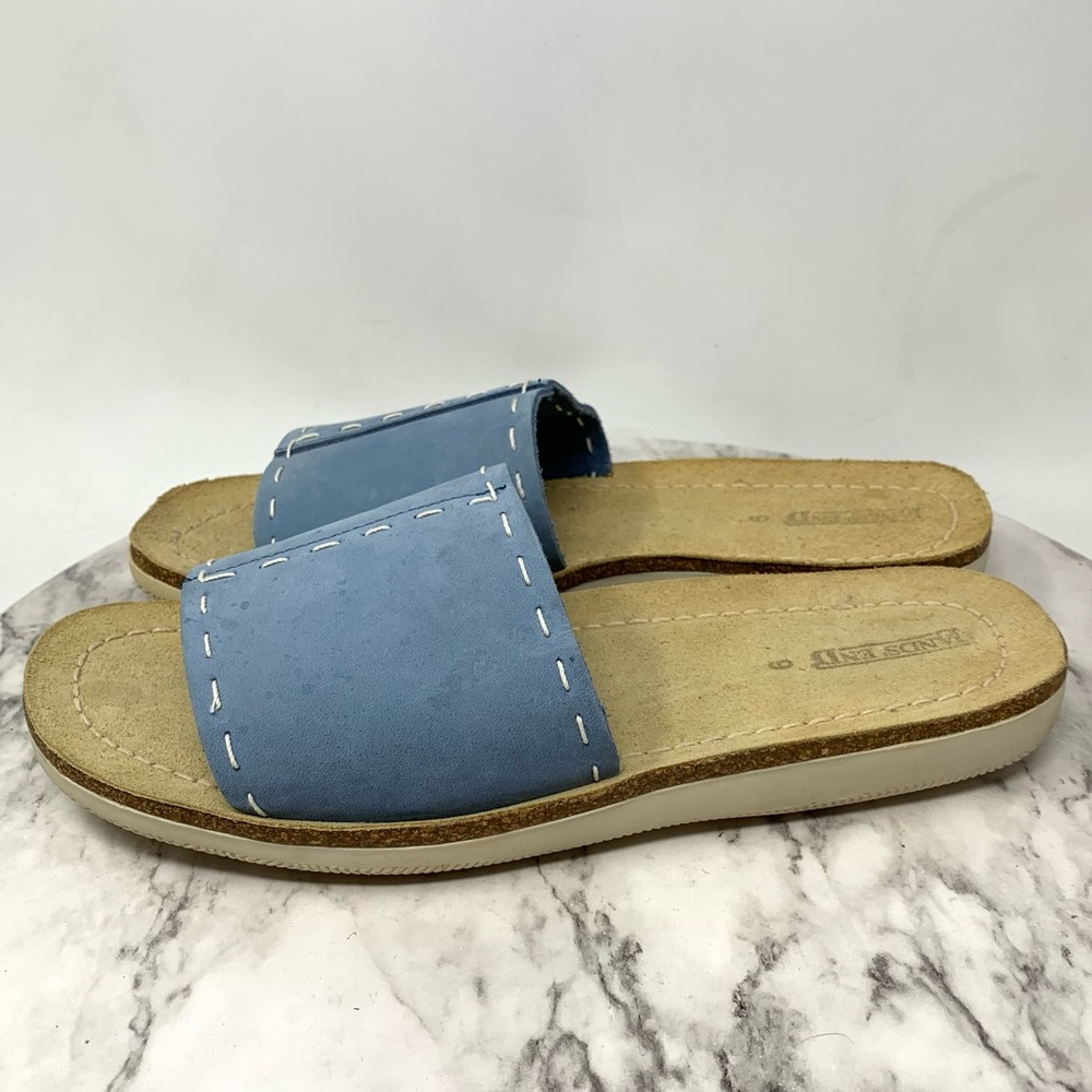 Lands' End Open Toe Top Stitch Blue Leather Slide Sandals 9 Casual Sporty Preppy - Picture 3 of 11